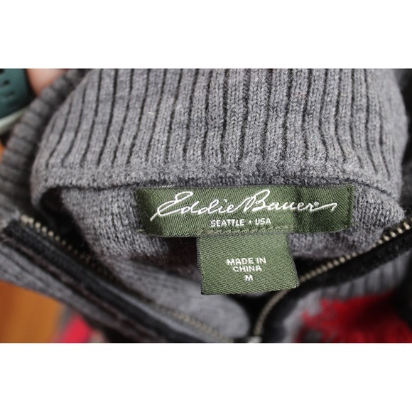 Eddie Bauer M Gray Red 1/4 Zip Merino Wool Fair Isle Mock Neck Sweater - Picture 8 of 9